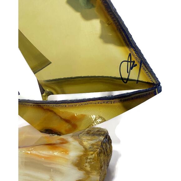 Sailboat Nautical Metal Art Brass Copper & Steel On Stone Onyx Base Set of Two - Picture 4 of 10